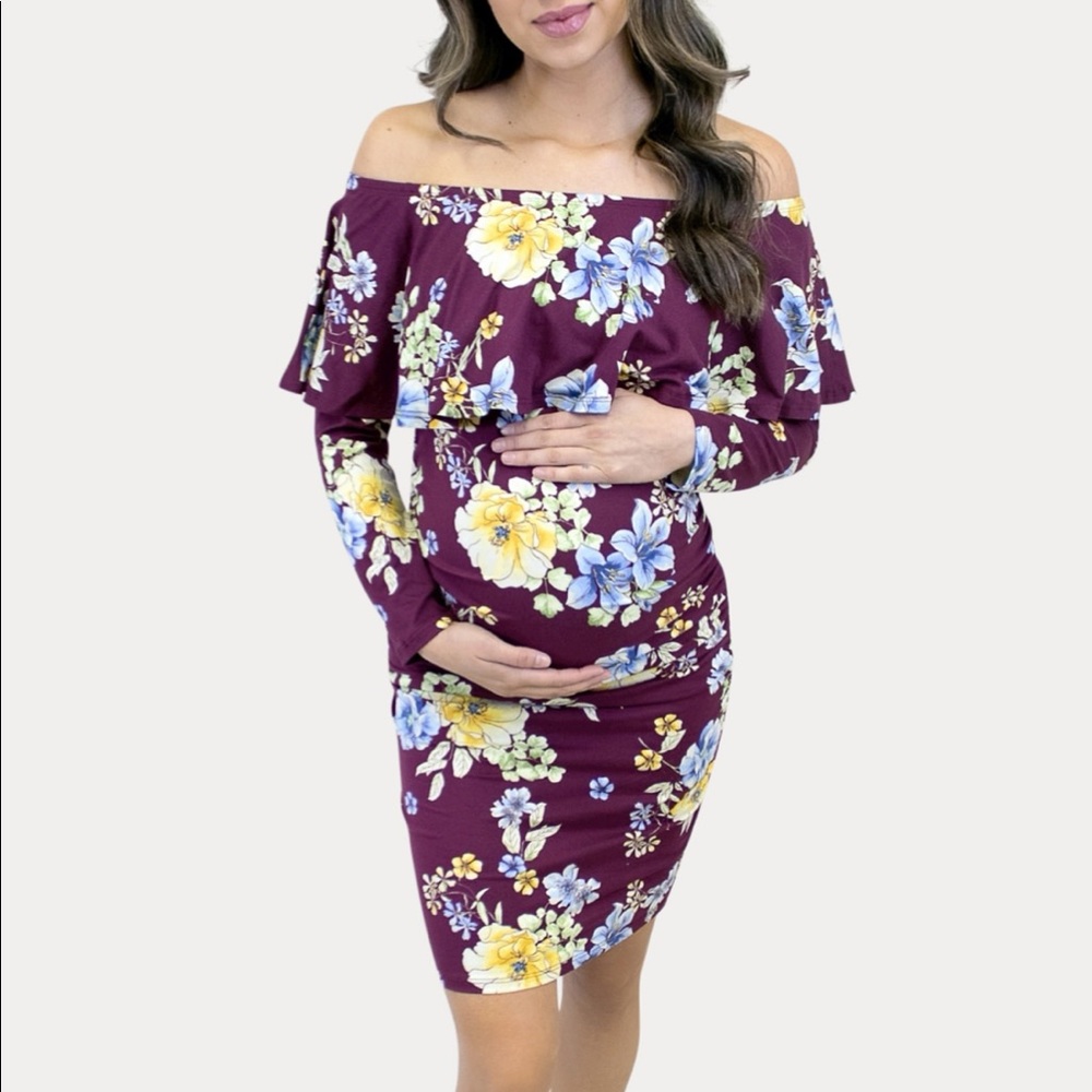 Off the Shoulder Purple Floral Bodycon Maternity Dress with Long Sleeves - 1